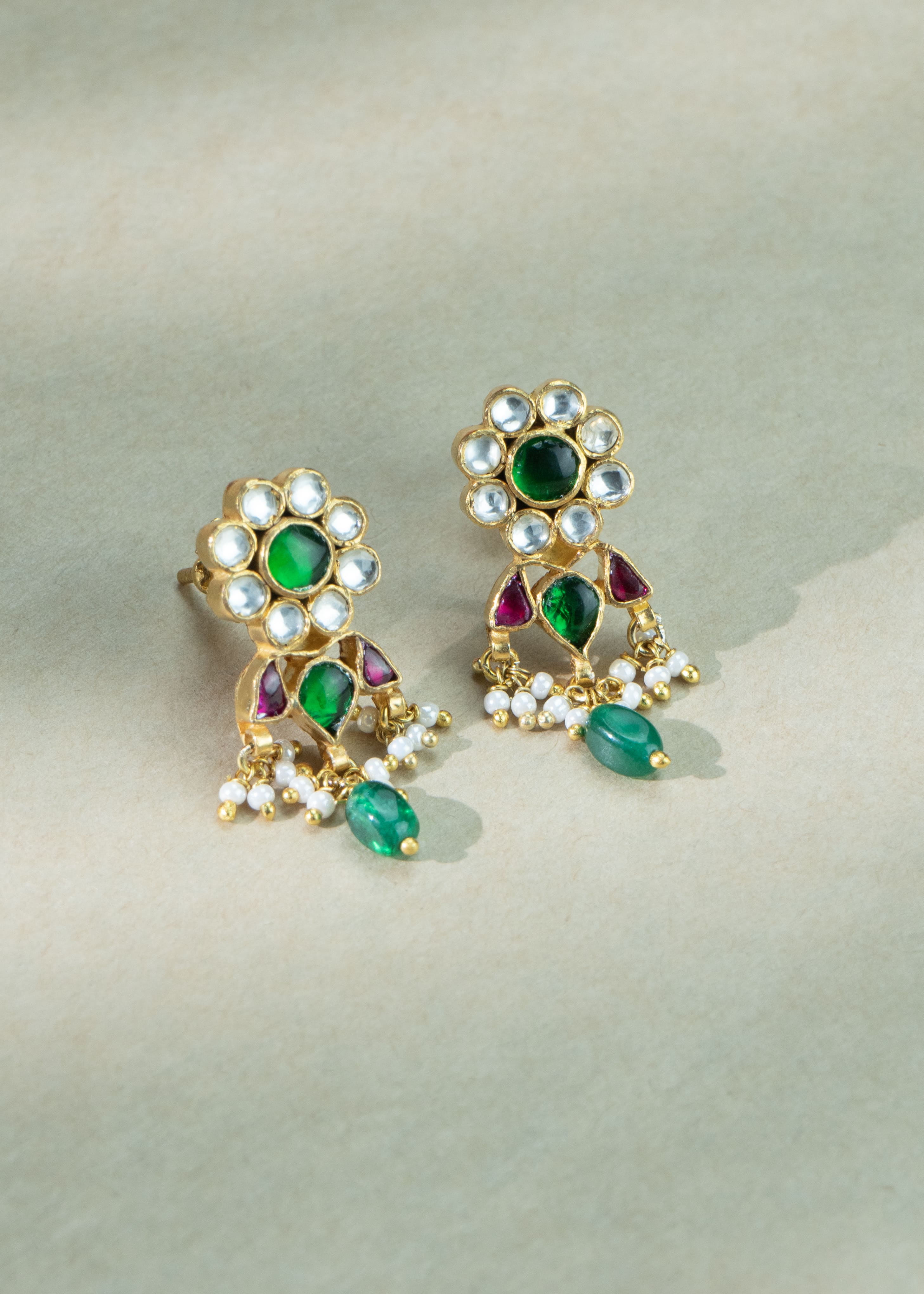 Kundan Earrings With Emerald Drops