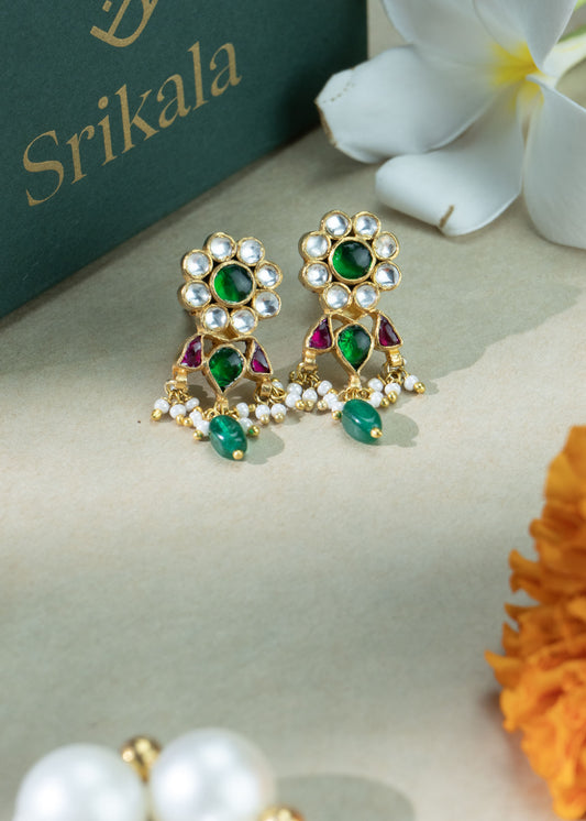 Kundan Earrings With Emerald Drops