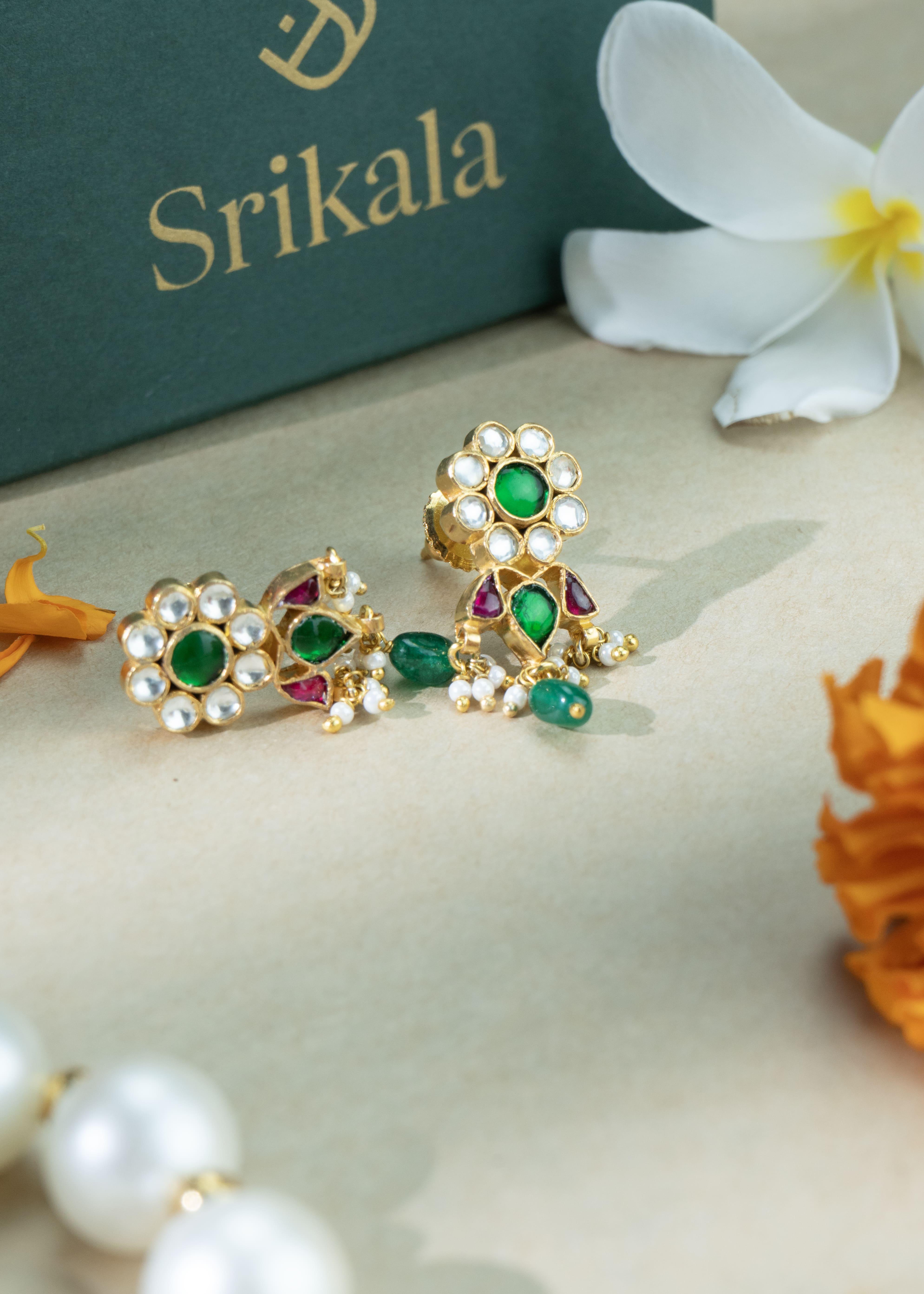 Kundan Earrings With Emerald Drops